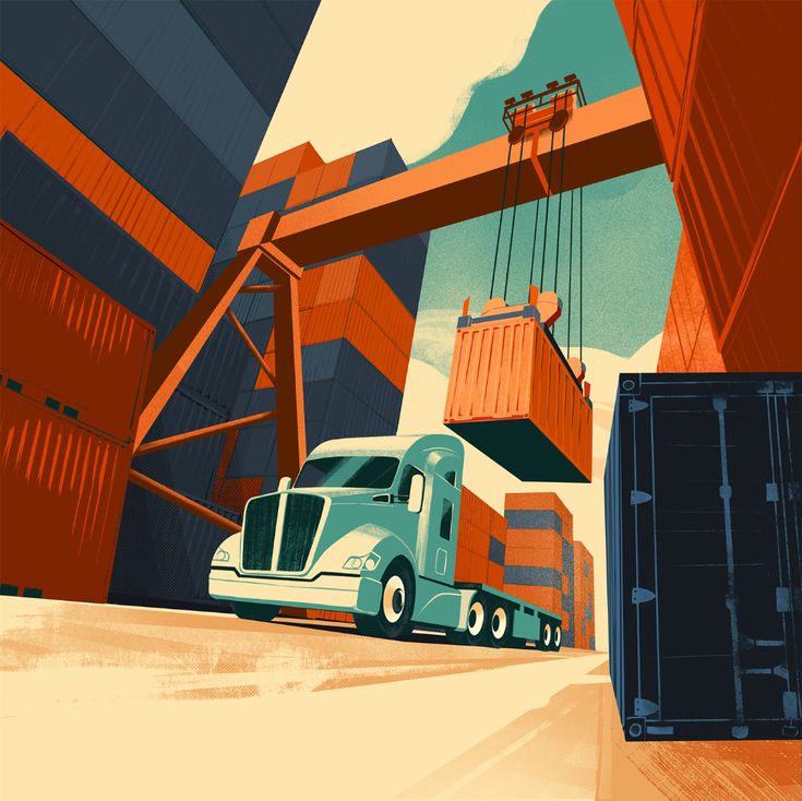 Illustrated container yard with a truck for the Gulf Ocean Shipping contact page